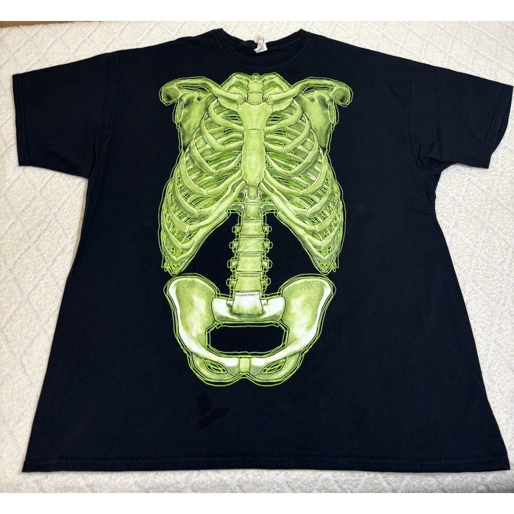 Neon Green Glow In Dark Skeleton Torso Graphic Black Shirt Size 2XL - Picture 1 of 11